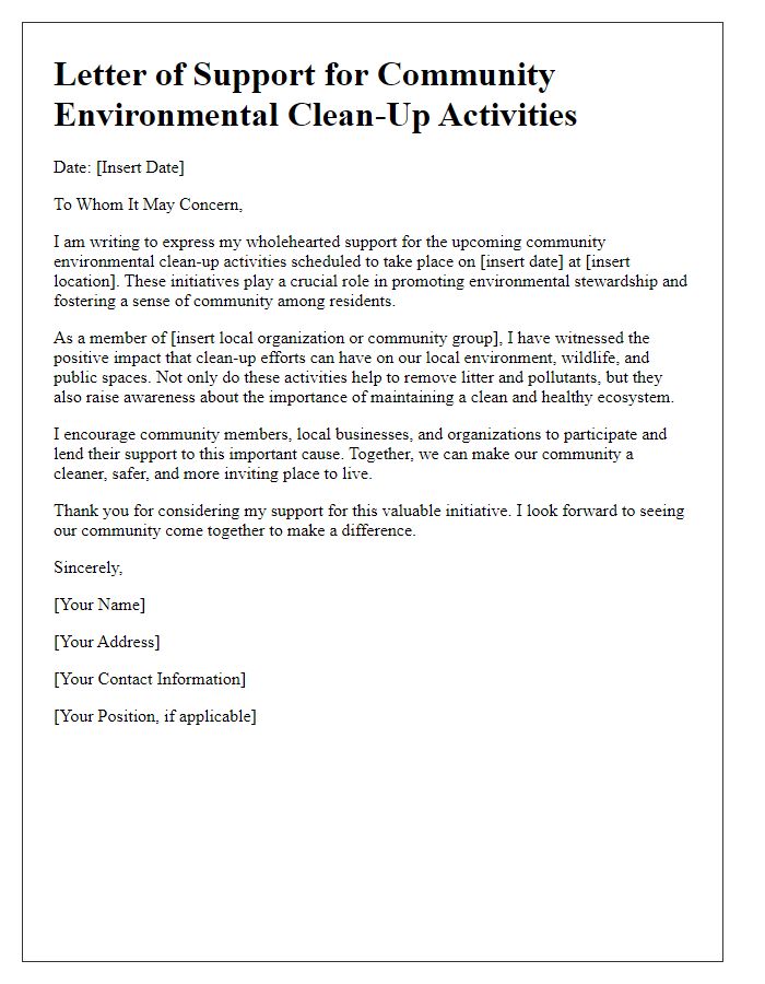 Letter template of support for community environmental clean-up activities