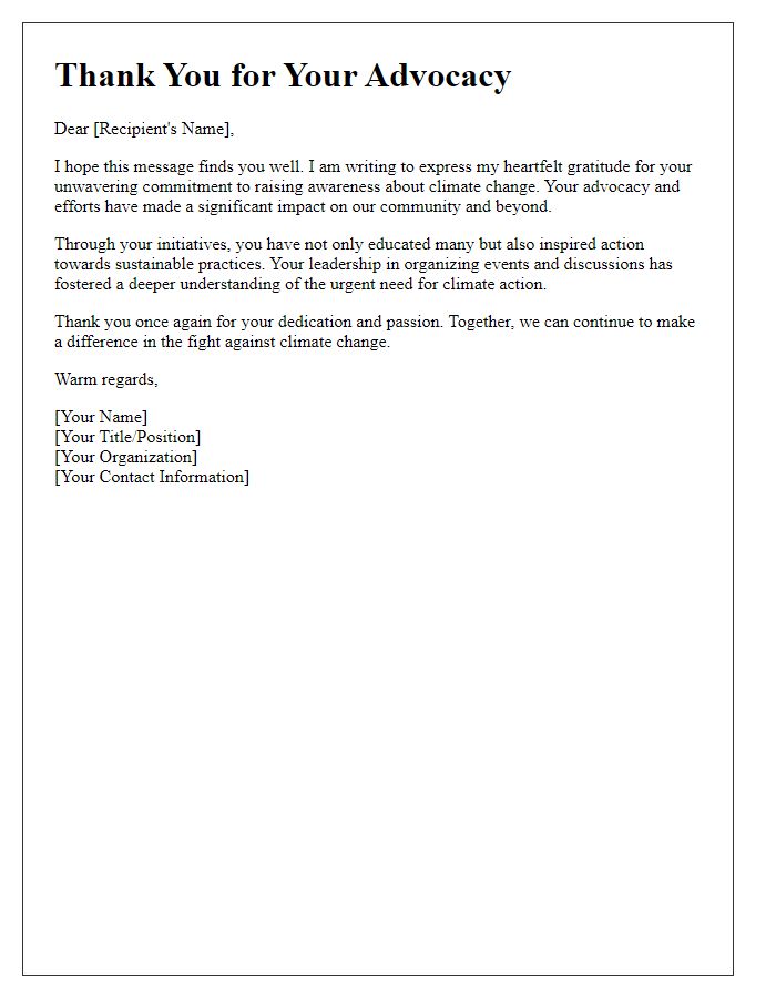 Letter template of thanks for advocacy in climate change awareness