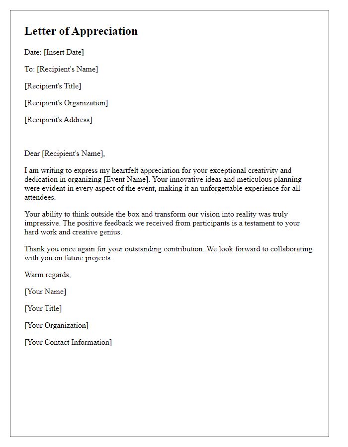 Letter template of appreciation for exceptional creativity in event.