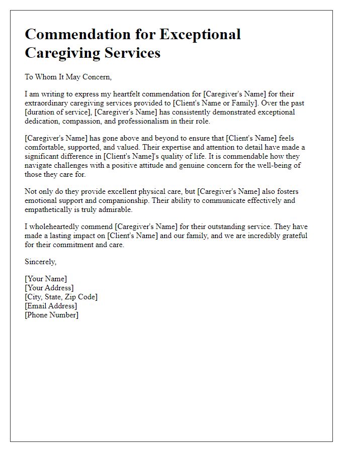 Letter template of commendation for caregiving services.