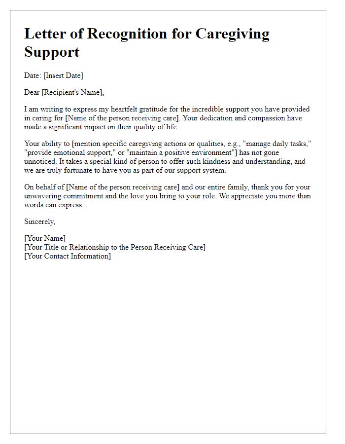 Letter template of recognition for caregiving support.