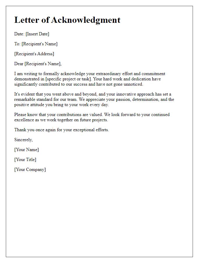 Letter template of acknowledgment for extraordinary effort