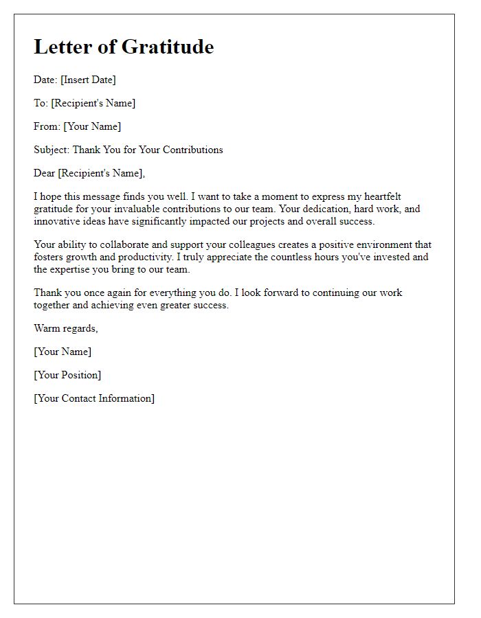 Letter template of gratitude for your invaluable contributions to the team