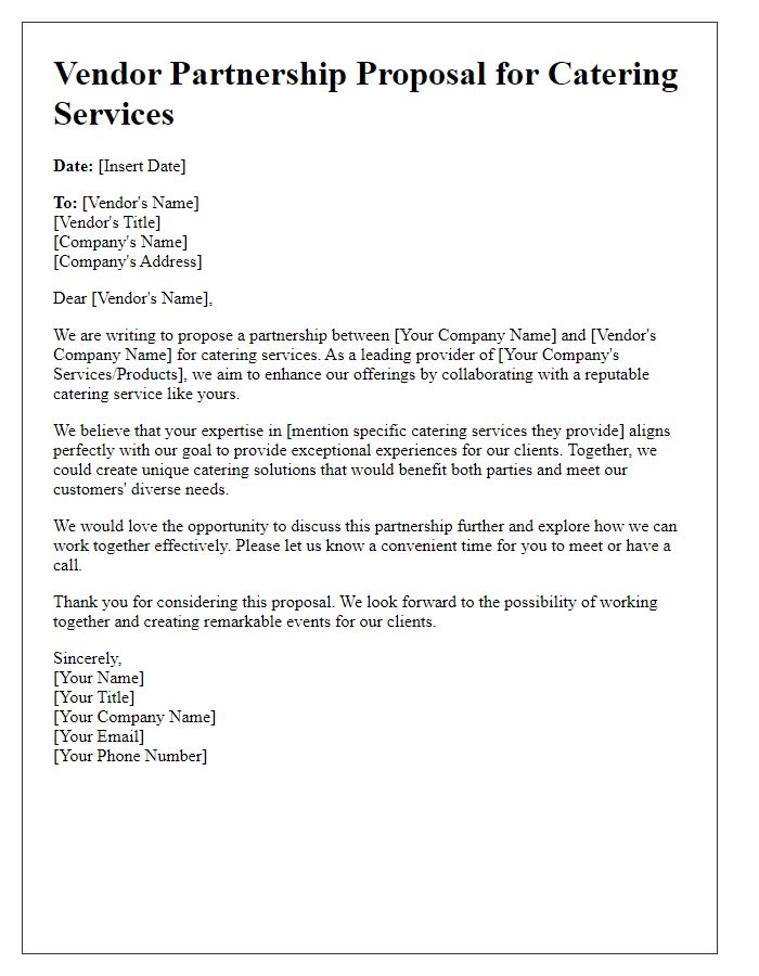 Letter template of a vendor partnership proposal for catering services.