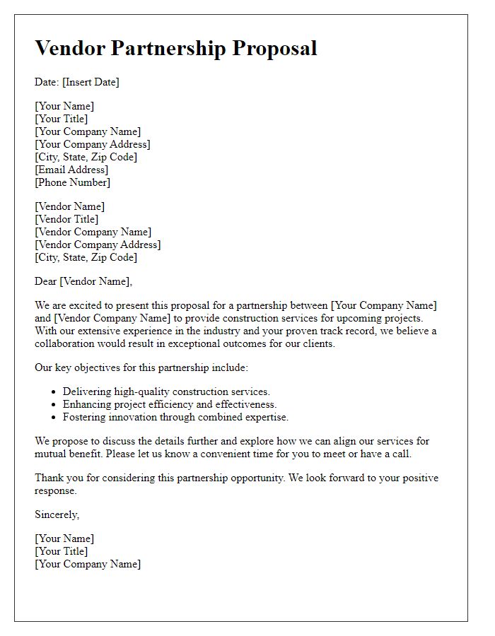 Letter template of a vendor partnership proposal for construction services.