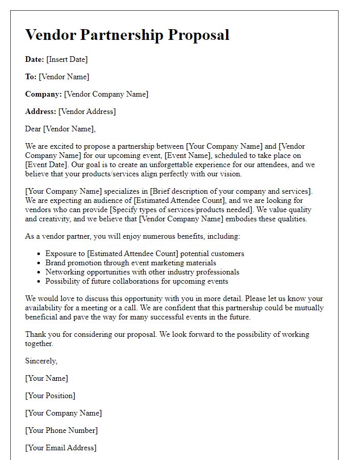 Letter template of a vendor partnership proposal for event planning.