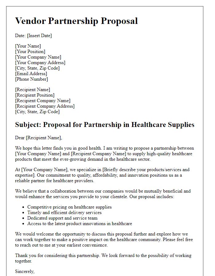 Letter template of a vendor partnership proposal for healthcare supplies.