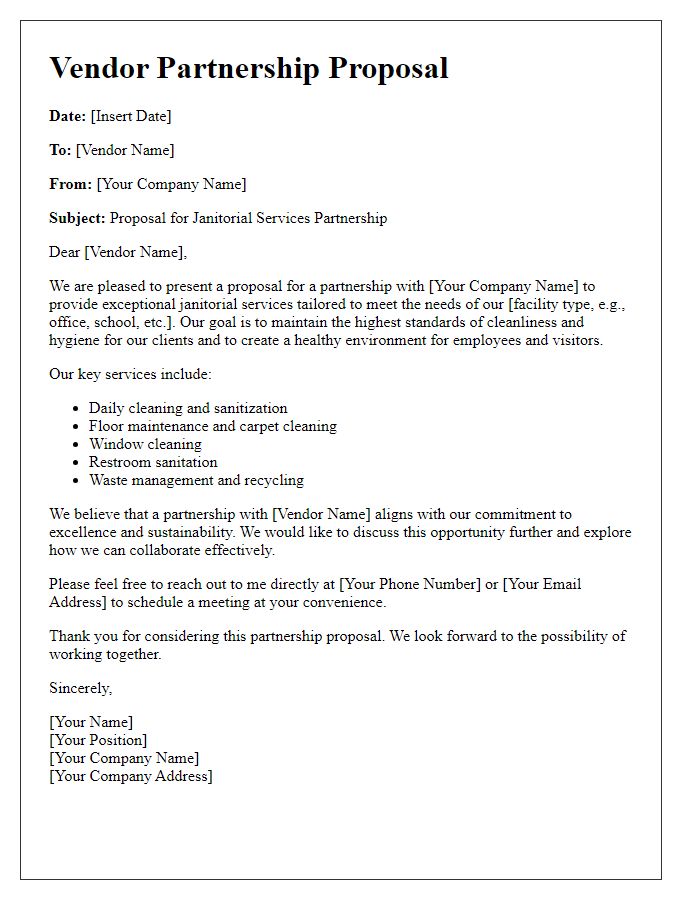 Letter template of a vendor partnership proposal for janitorial services.