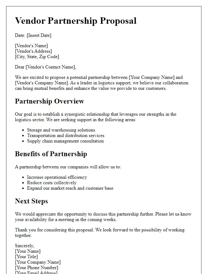 Letter template of a vendor partnership proposal for logistics support.