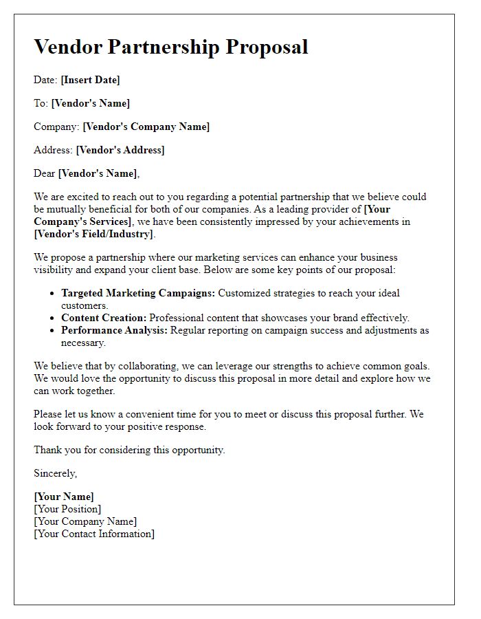 Letter template of a vendor partnership proposal for marketing services.