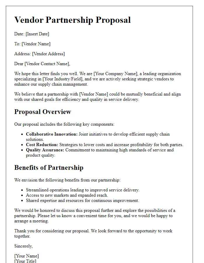 Letter template of a vendor partnership proposal for supply chain management.