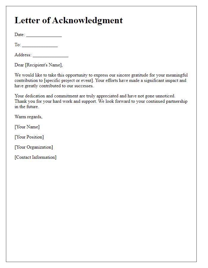 Letter template of acknowledgment for your meaningful contribution.