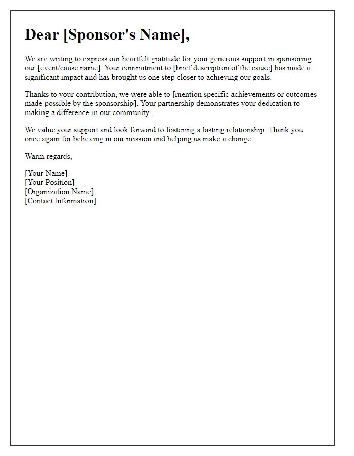 Letter template of appreciation for sponsoring our cause.