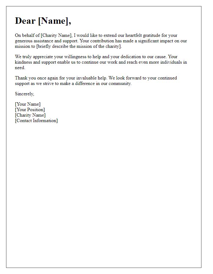 Letter template of appreciation for your assistance to our charity.