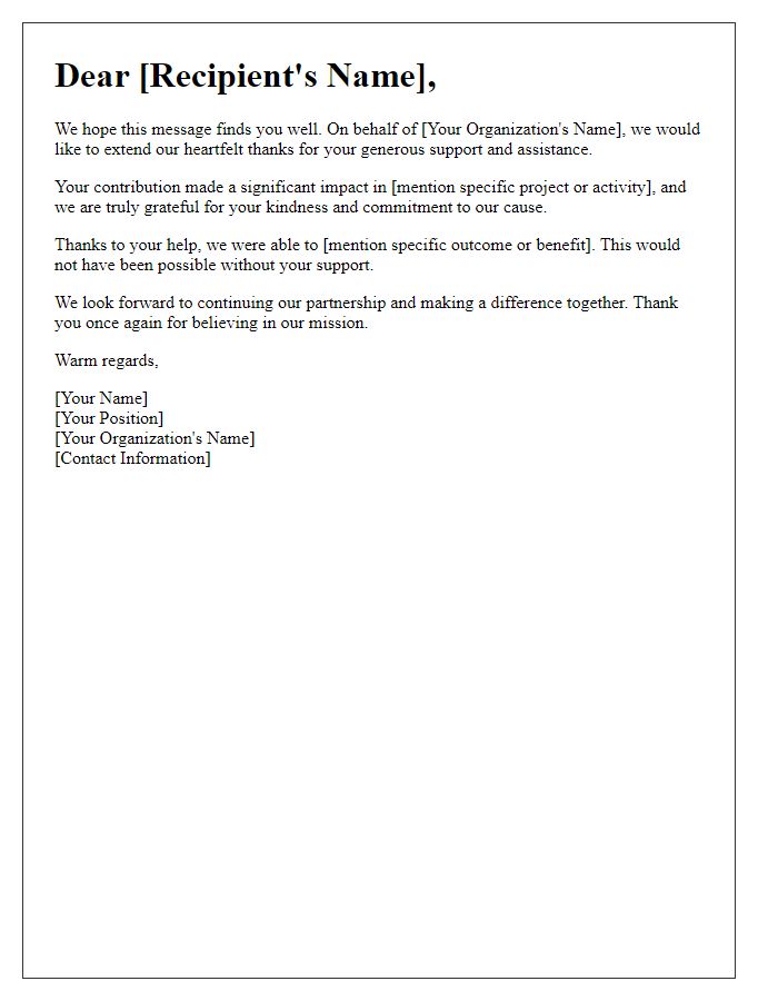 Letter template of heartfelt thanks for aiding our organization.