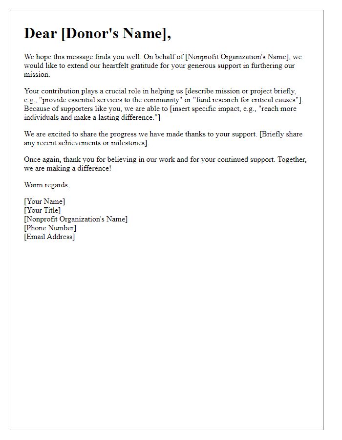 Letter template of thanks for supporting our nonprofit mission.