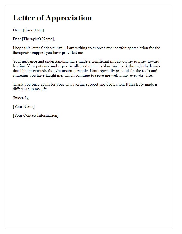 Letter template of appreciation for therapeutic support.