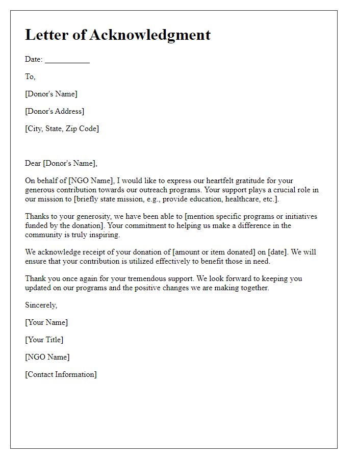 Letter template of acknowledgment for NGO's outreach programs