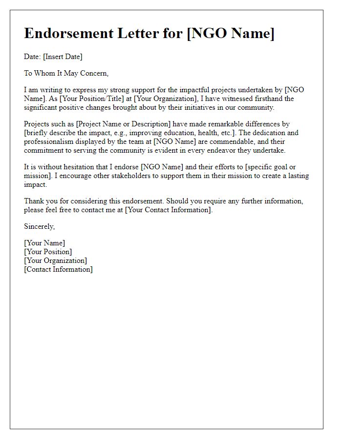 Letter template of endorsement for NGO's impactful projects