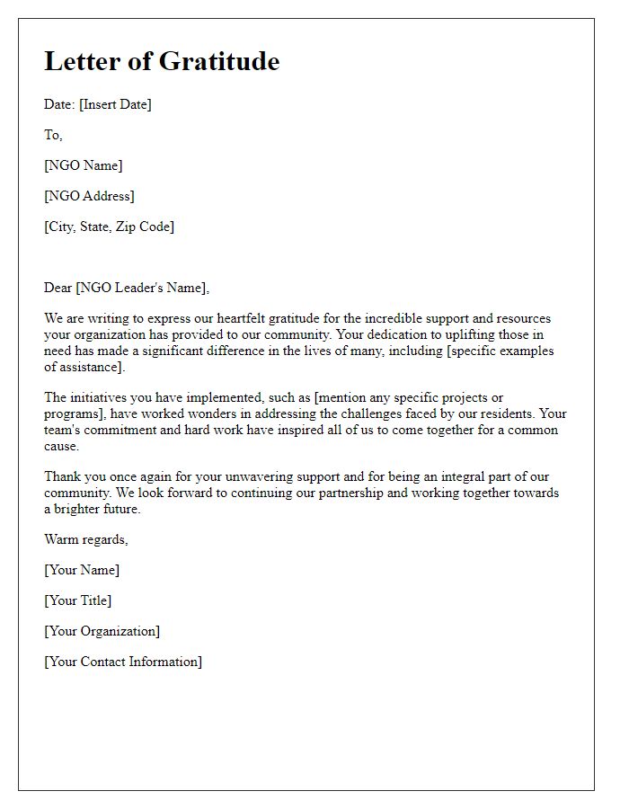 Letter template of gratitude to NGO for their community support