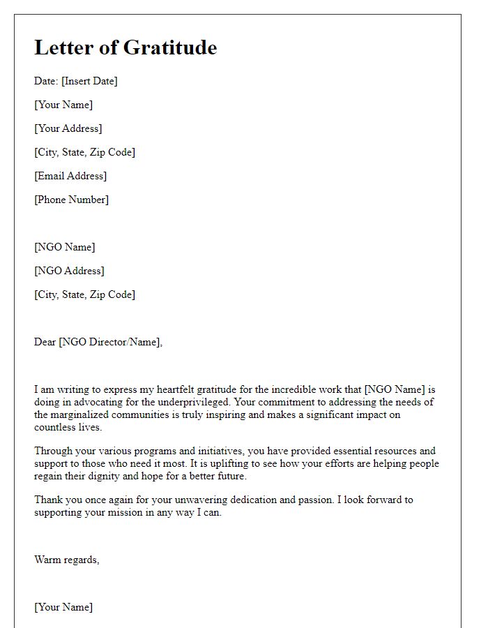 Letter template of gratitude towards NGO for advocating for the underprivileged