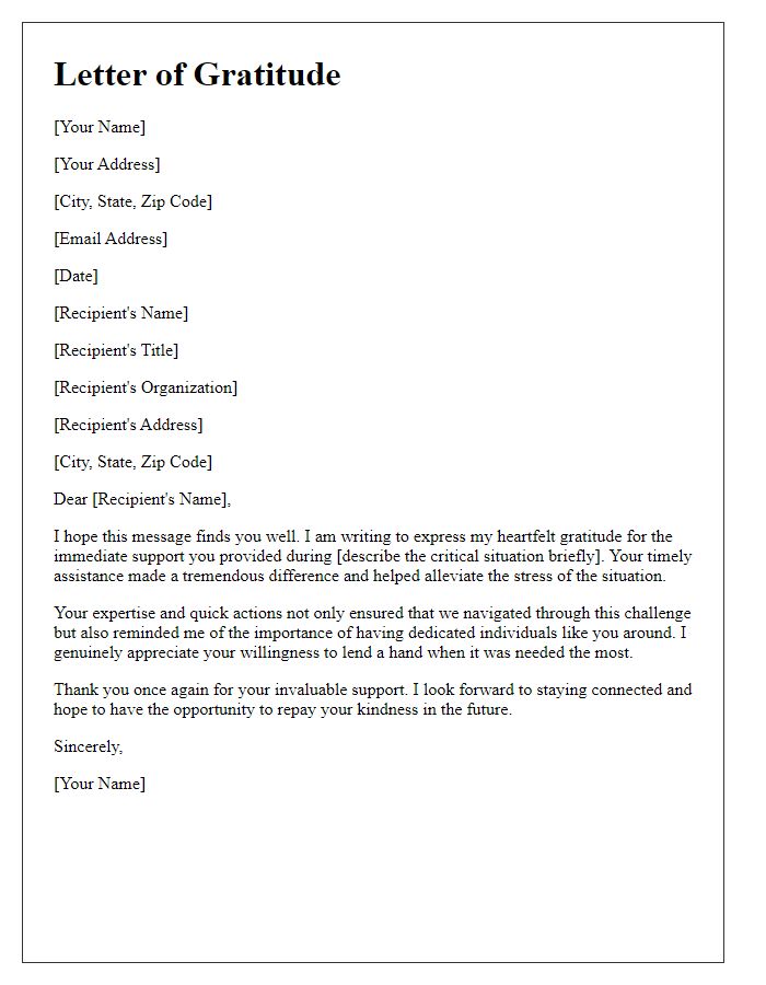 Letter template of gratitude for immediate support during a critical situation