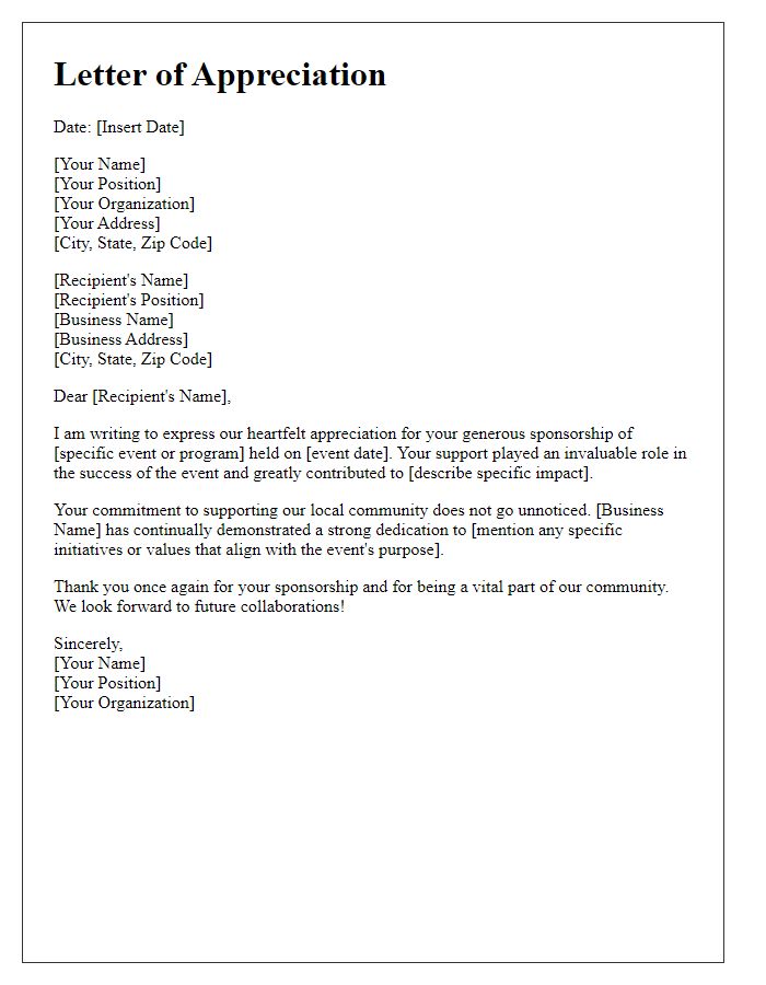 Letter template of appreciation for local business sponsorship.