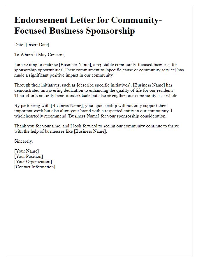 Letter template of endorsement for community-focused business sponsorship.