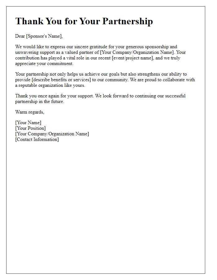 Letter template of thanks for business partnership sponsorship.