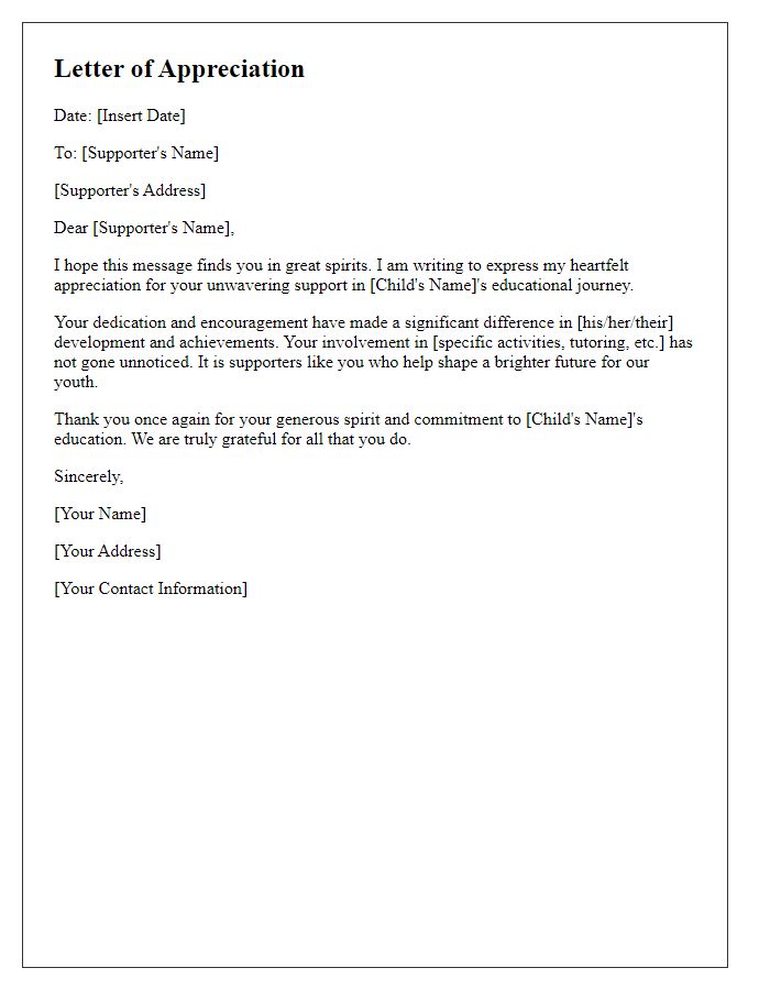 Letter template of appreciation for childs supporter in education