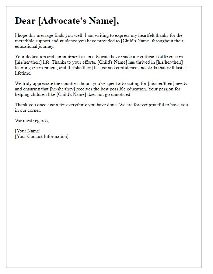 Letter template of heartfelt thanks for child's educational advocate