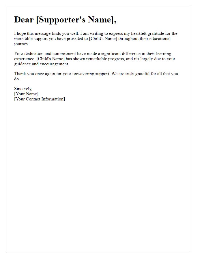 Letter template of thanks to child's educational supporter