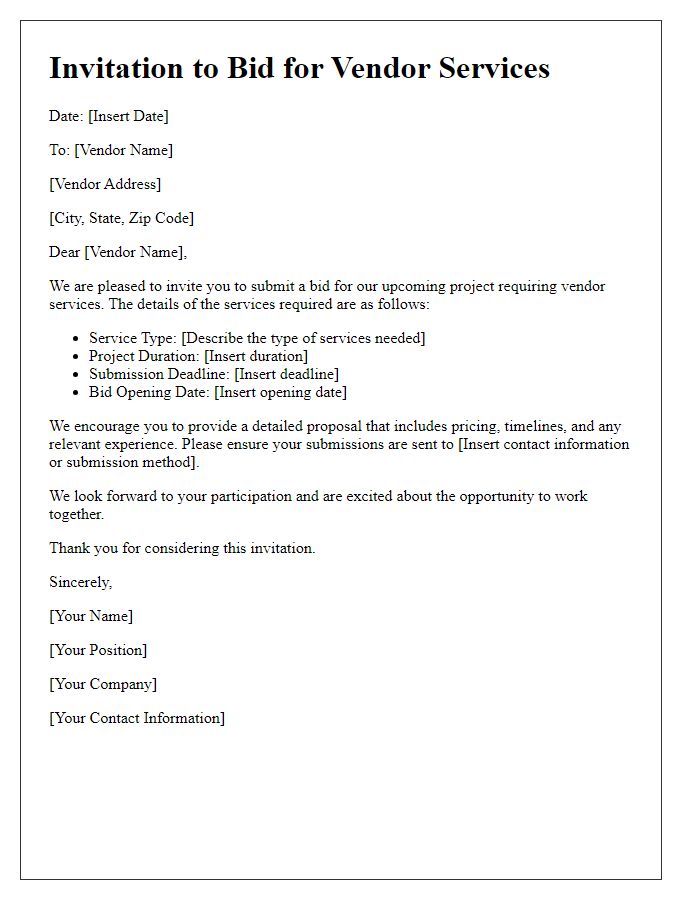 Letter template of bidding invitation for vendor services