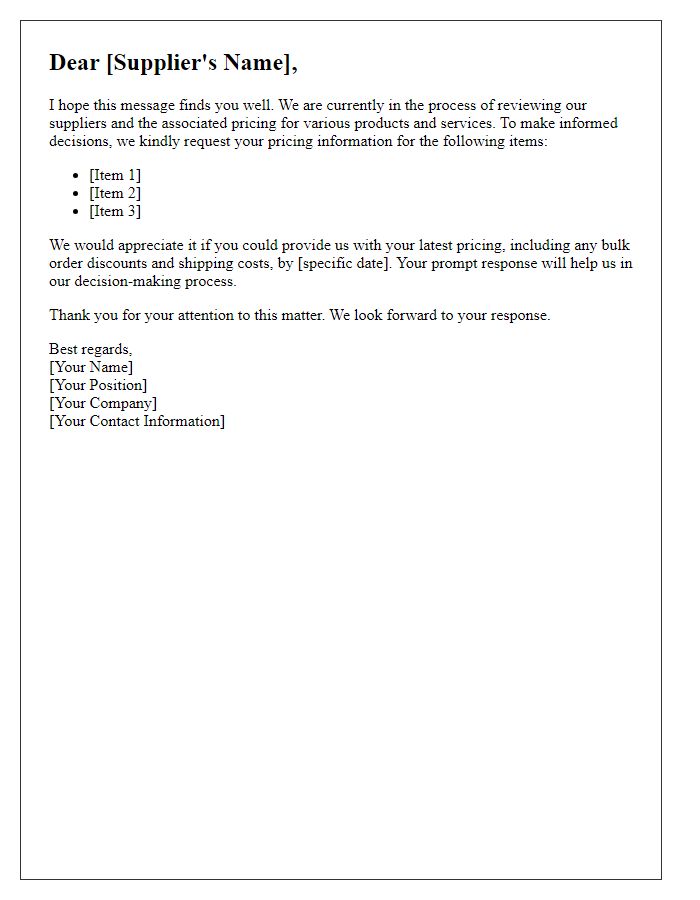 Letter template of demand for pricing information from suppliers