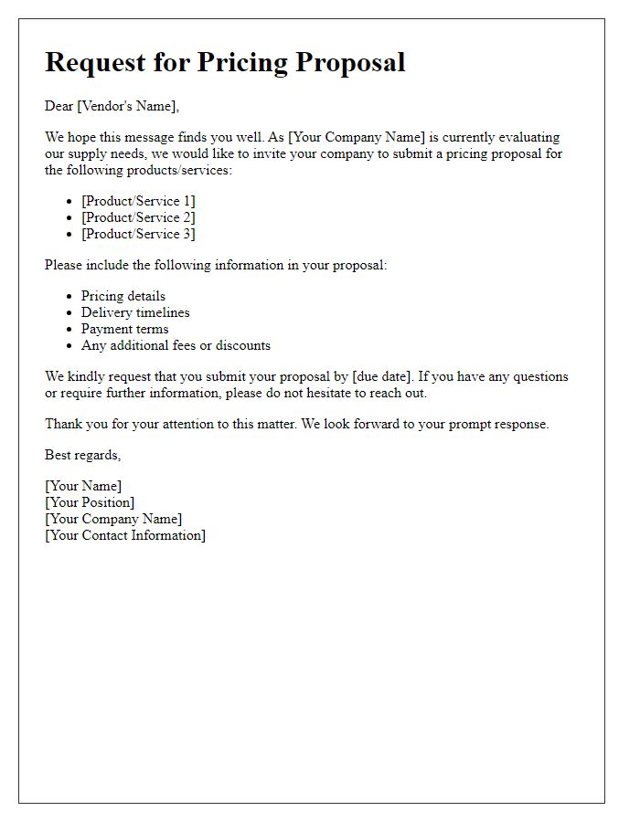 Letter template of message to vendors for pricing proposals