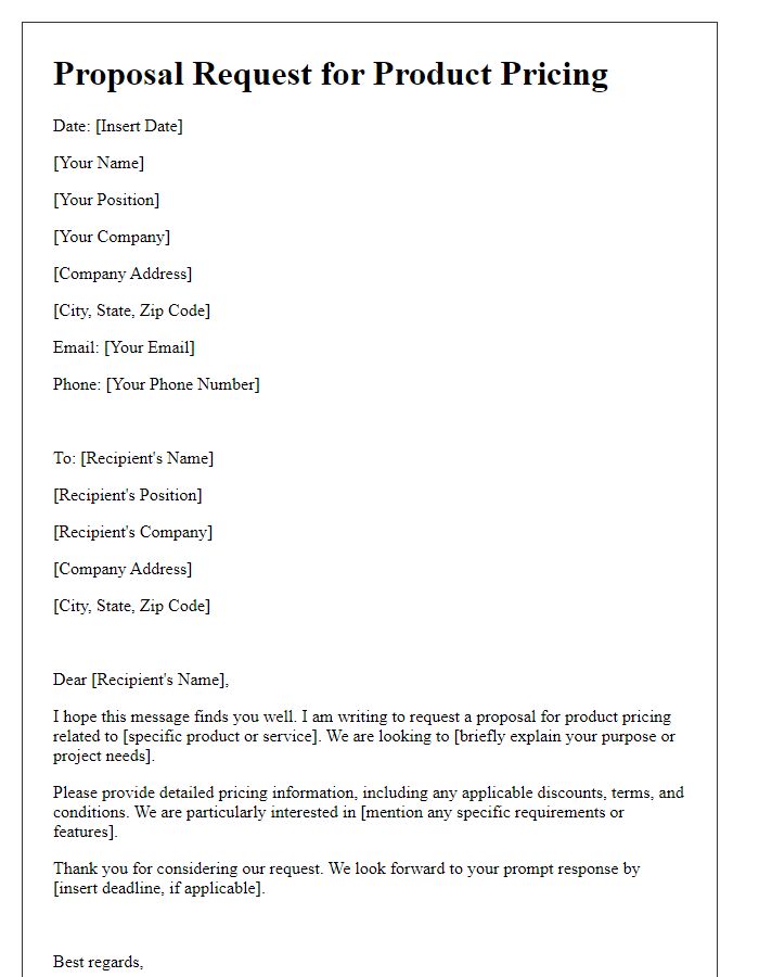 Letter template of proposal request for product pricing