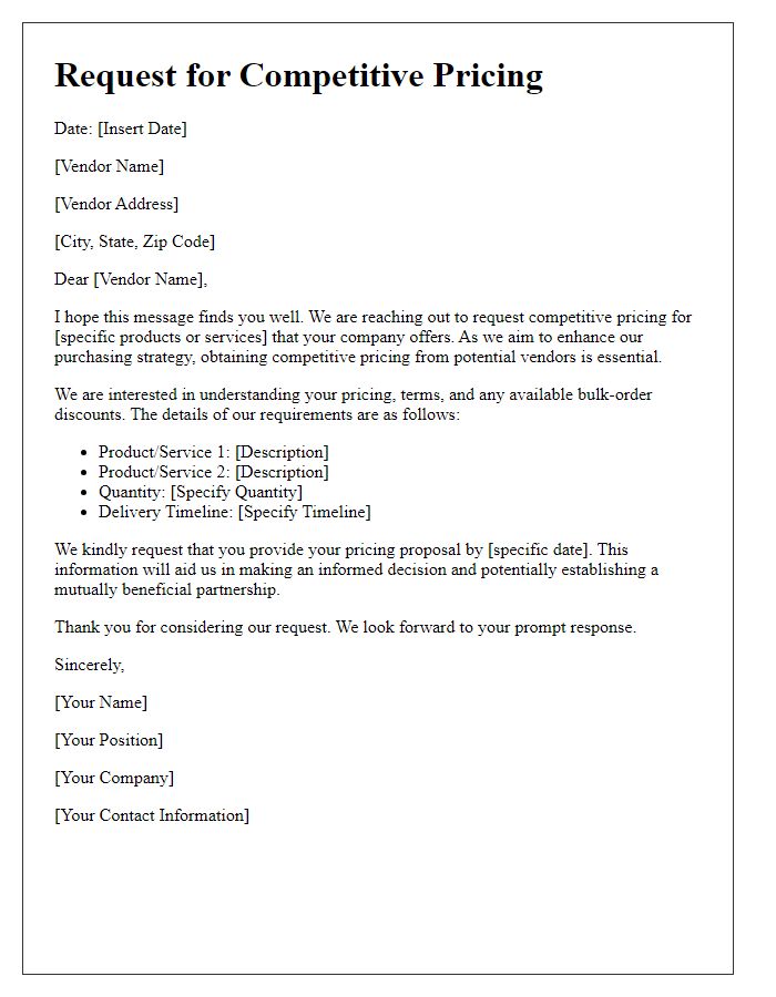 Letter template of request for competitive pricing from vendors