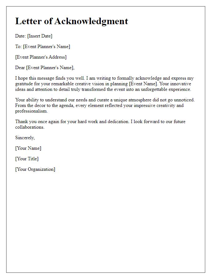 Letter template of acknowledgment for event planner's creative vision