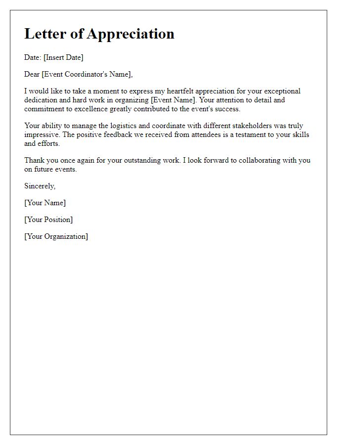 Letter template of appreciation for event coordinator's dedication