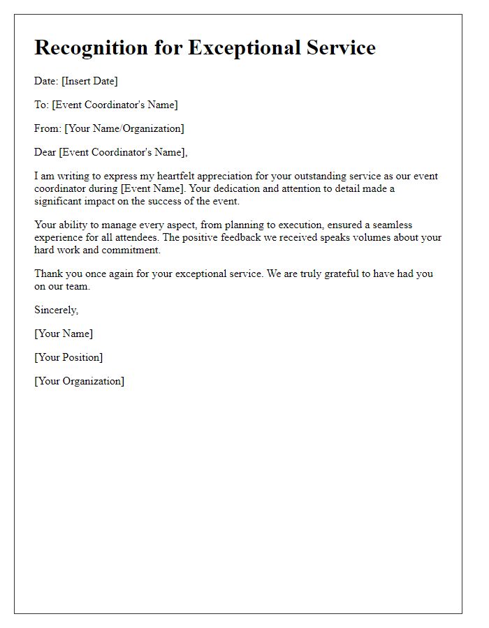 Letter template of recognition for event coordinator's exceptional service