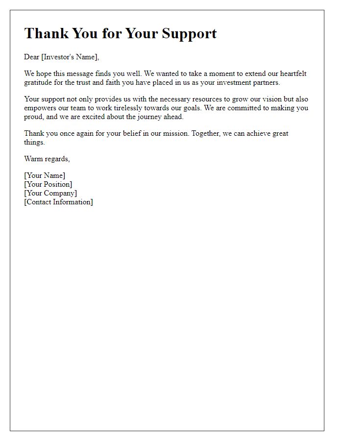 Letter template of warm thanks for investor faith.