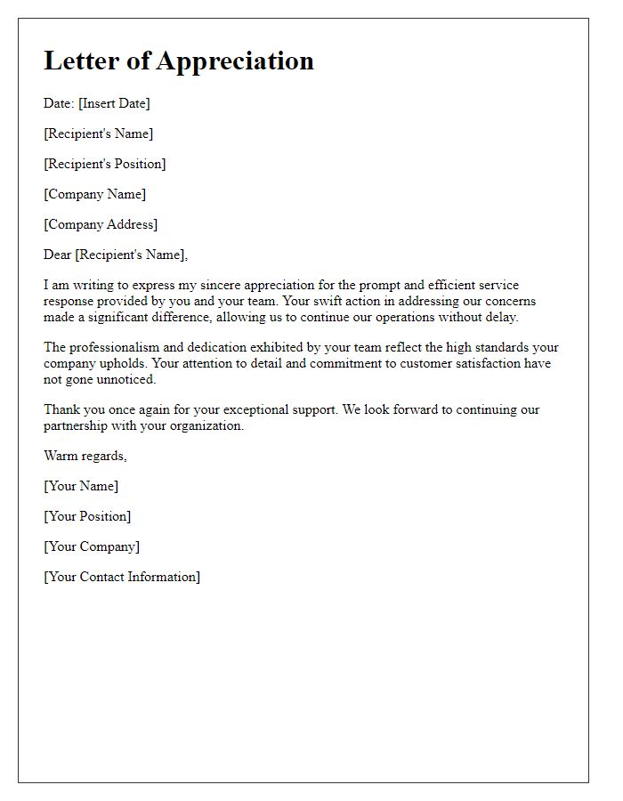 Letter template of appreciation for prompt service response.