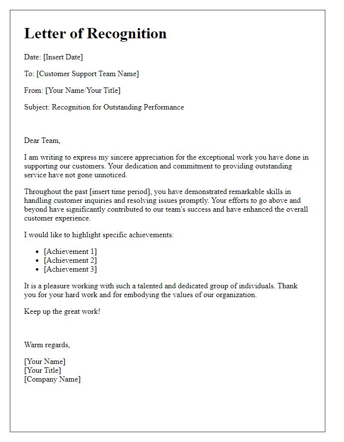 Letter template of recognition for customer support team.