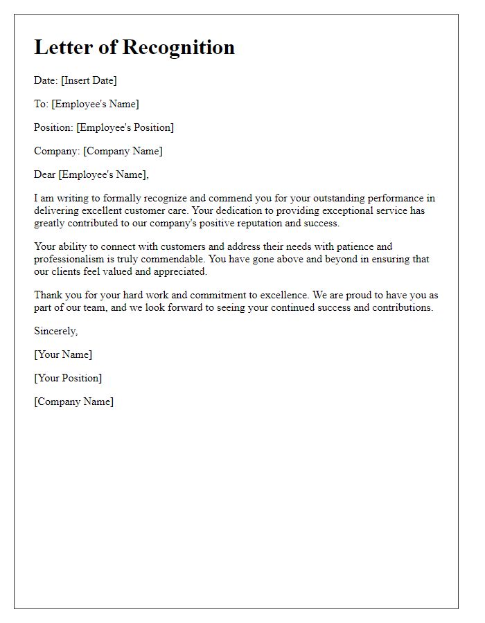 Letter template of recognition for excellent customer care.