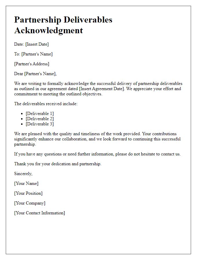 Letter template of Acknowledgment for Partnership Deliverables