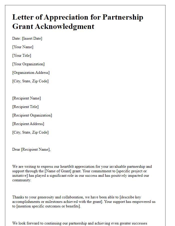 Letter template of Appreciation for Partnership Grant Acknowledgment