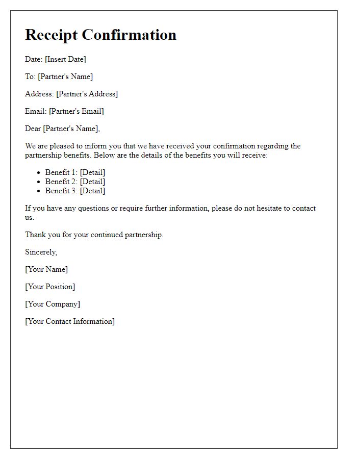 Letter template of Receipt Confirmation for Partnership Benefits