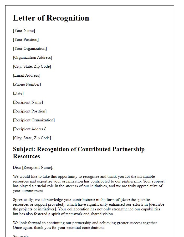 Letter template of Recognition of Contributed Partnership Resources