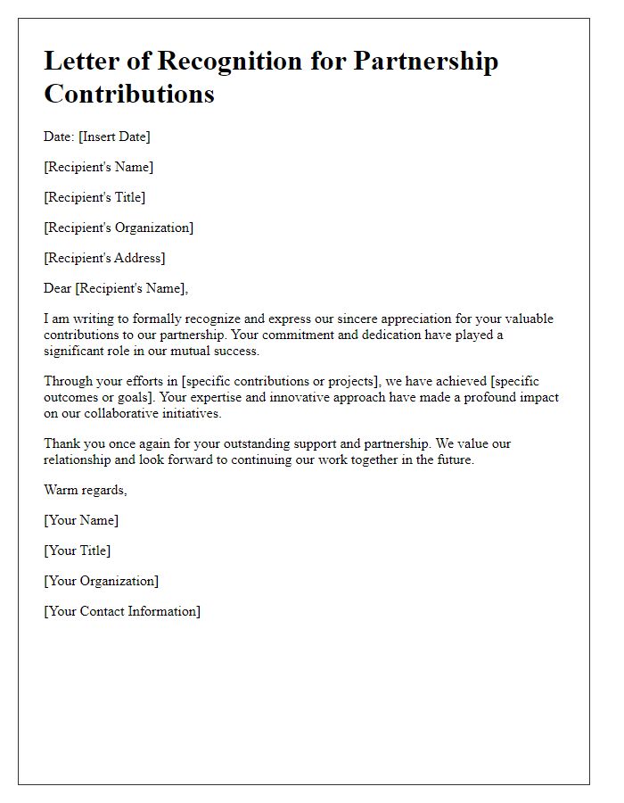 Letter template of Recognition for Partnership Contributions