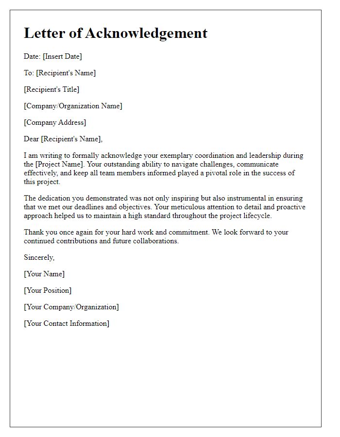 Letter template of acknowledgement for remarkable project coordination